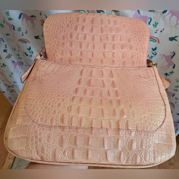 Vintage Y2K Brahmin Pink Croc Leather Boho Neutral Satchel Shoulder Purse Bag - Picture 3 of 8